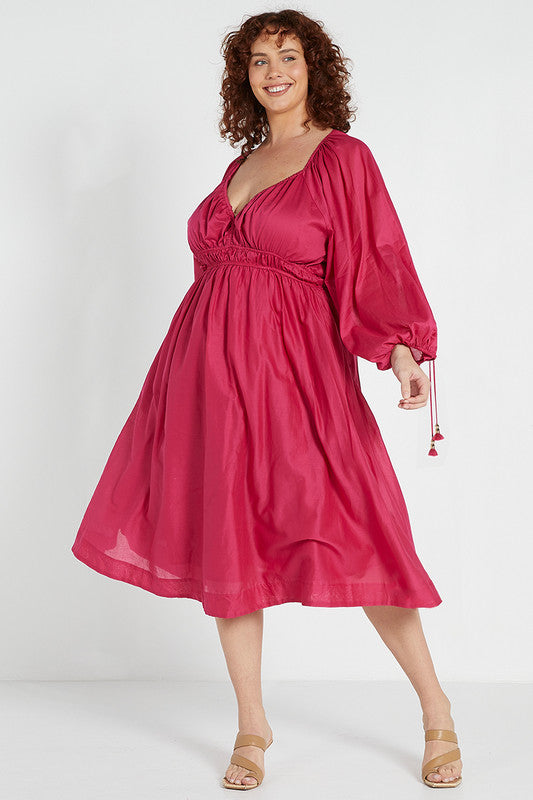 Deep V Midi Dress Magenta