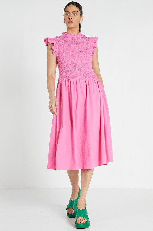 Shirred Midi Dress Pink