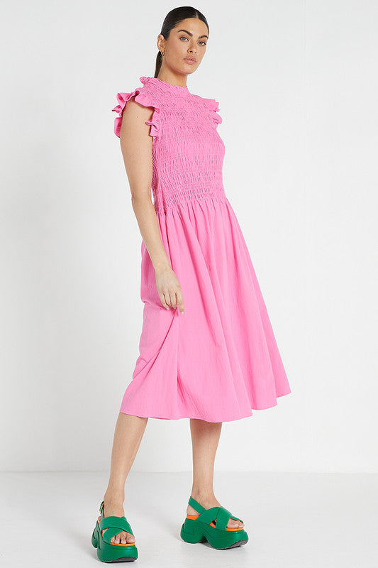 Shirred Midi Dress Pink